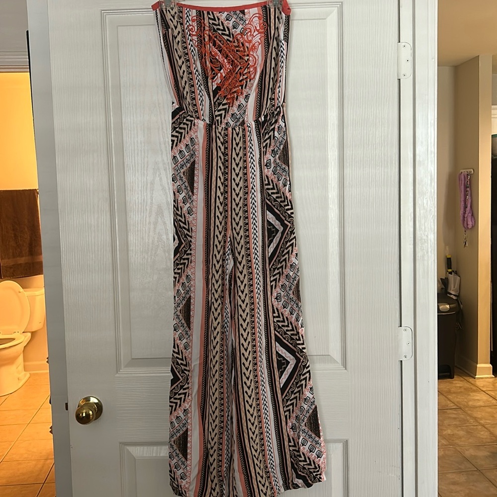 Geometric Patterned Strapless Jumpsuit